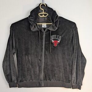 Chicago Bulls Velour Hoodie Women's XL Black NBA Zip Up Jacket Soft Cozy EUC